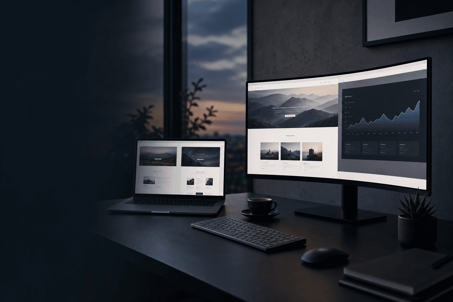 Profesjonelt designstudio med skjermer som viser moderne bedriftsnettsider og vekst — nettsidedesign som selger
