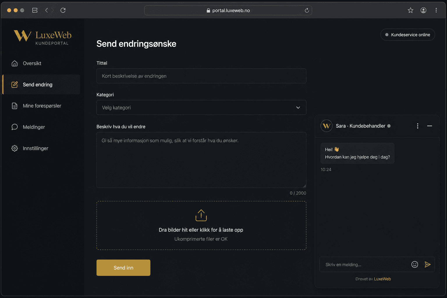 Forhåndsvisning av North Digital Norge kundeportal med skjema for endringsønsker og online kundeservice