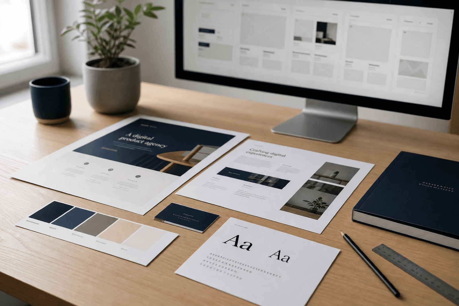 Designmockups, fargepalett og typografi på skandinavisk skrivebord