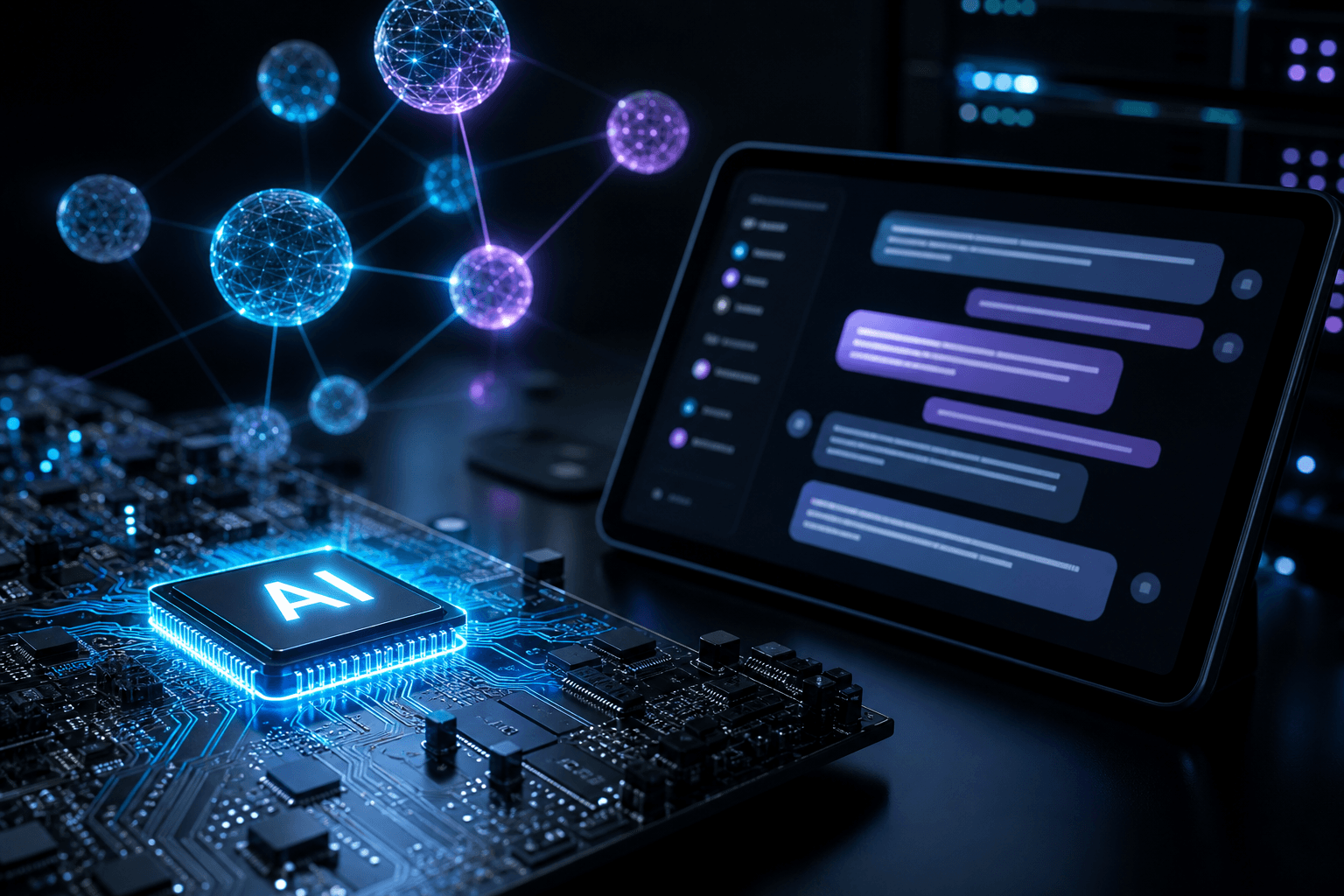 AI-brikke, chatgrensesnitt og nevrale noder — automatisering