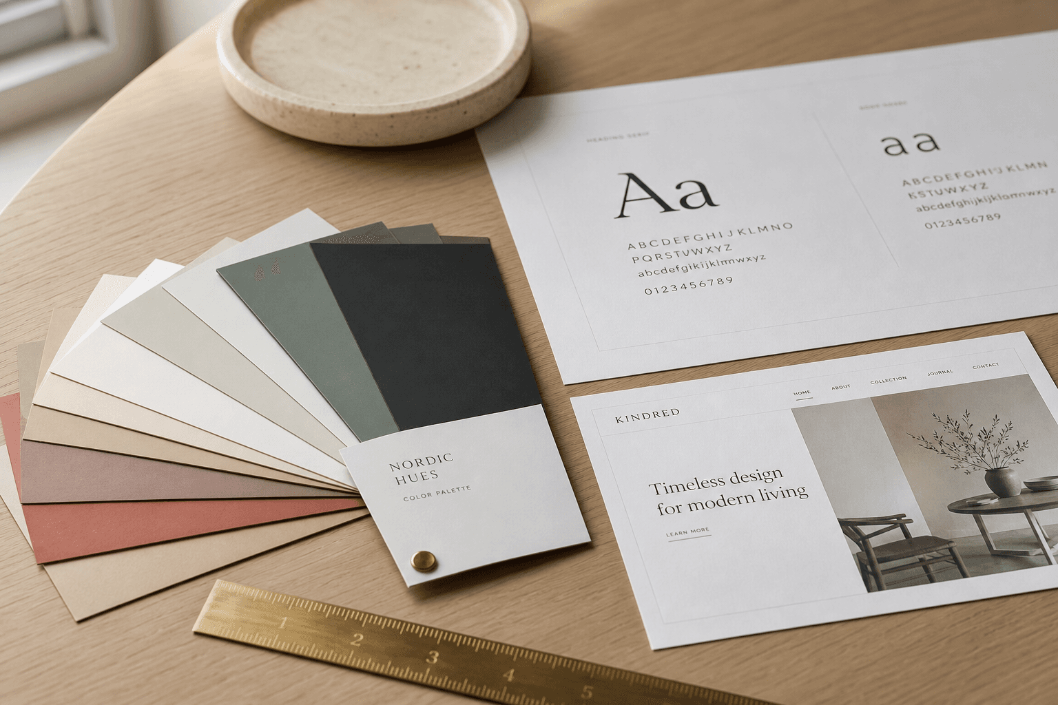 Fargepalett, typografi og designmockup på skrivebord — premium design