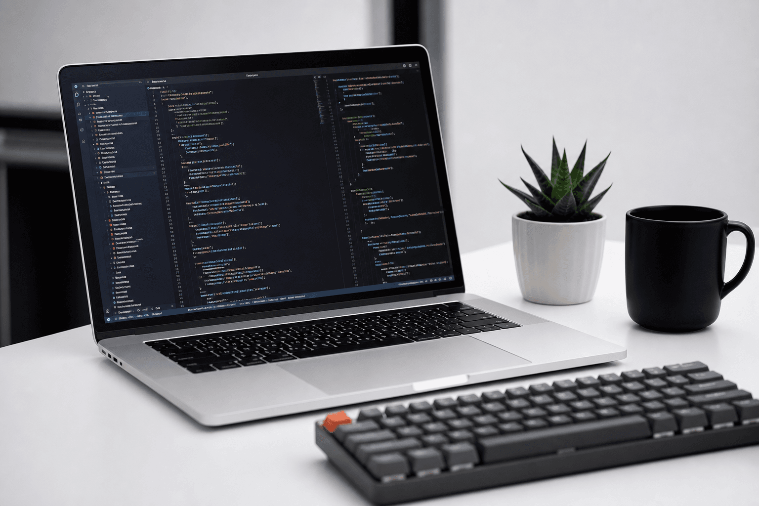 Laptop med kode på skjerm og tastatur — moderne utvikling