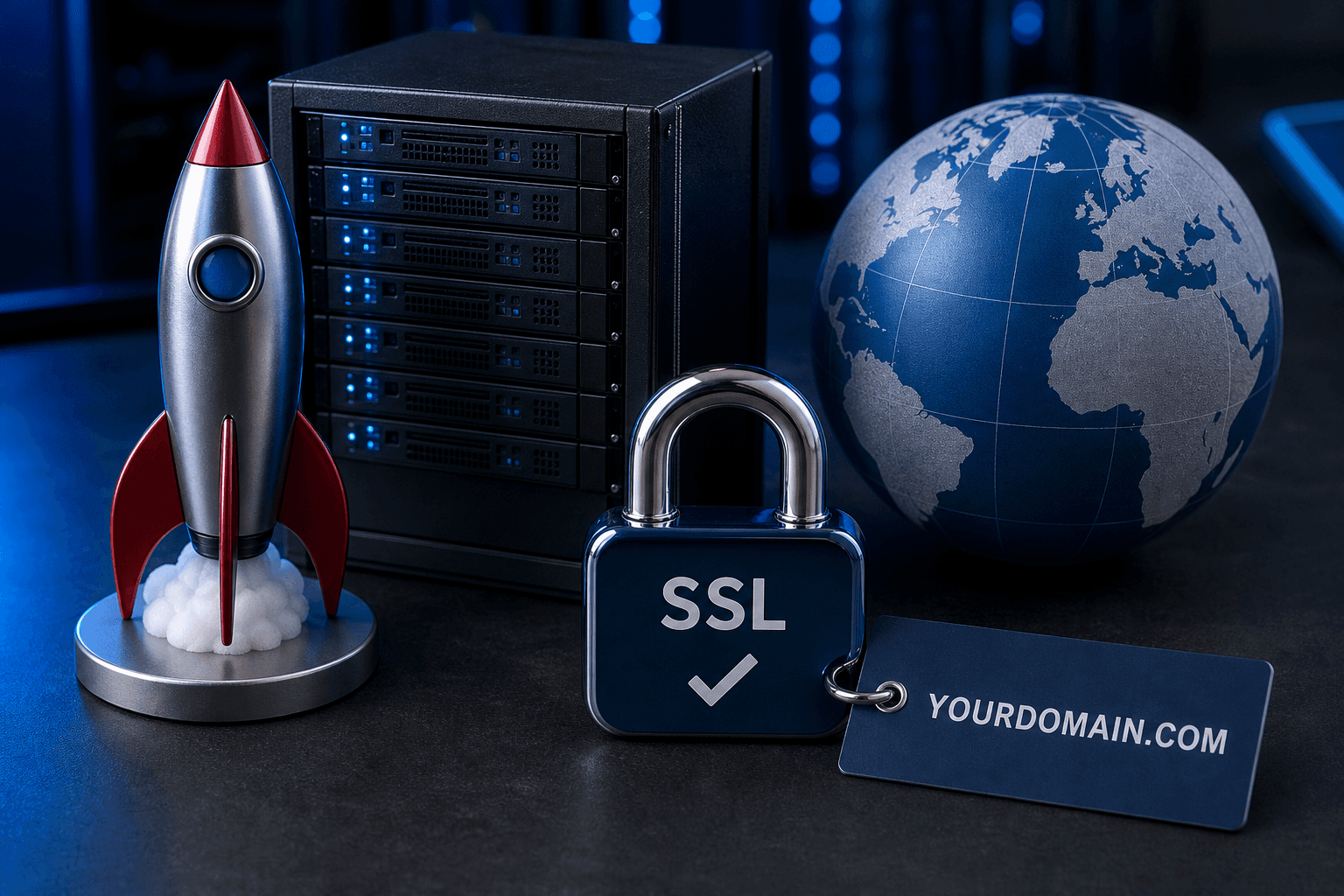 Rakettmodell, server og SSL-lås — lansering og hosting